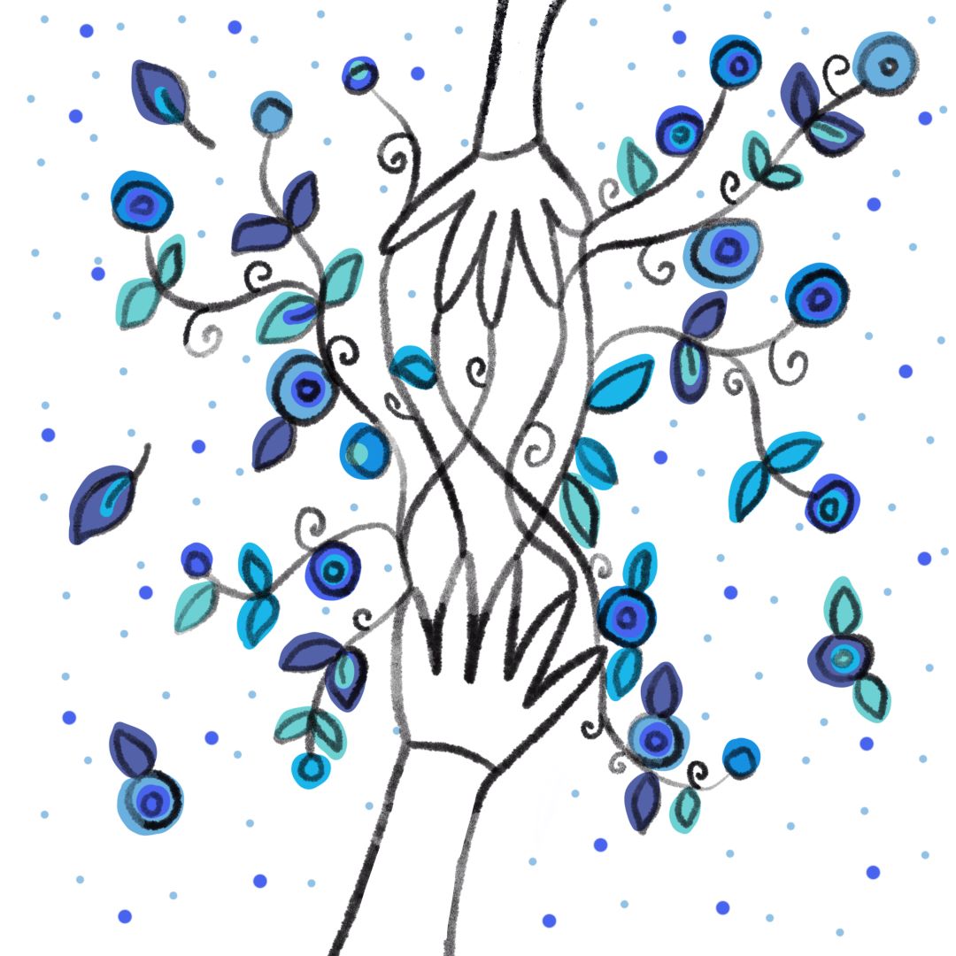 illustrazione amicizia 1 di Gloria Rovere due mani con fiori e piante in toni azzurro blu