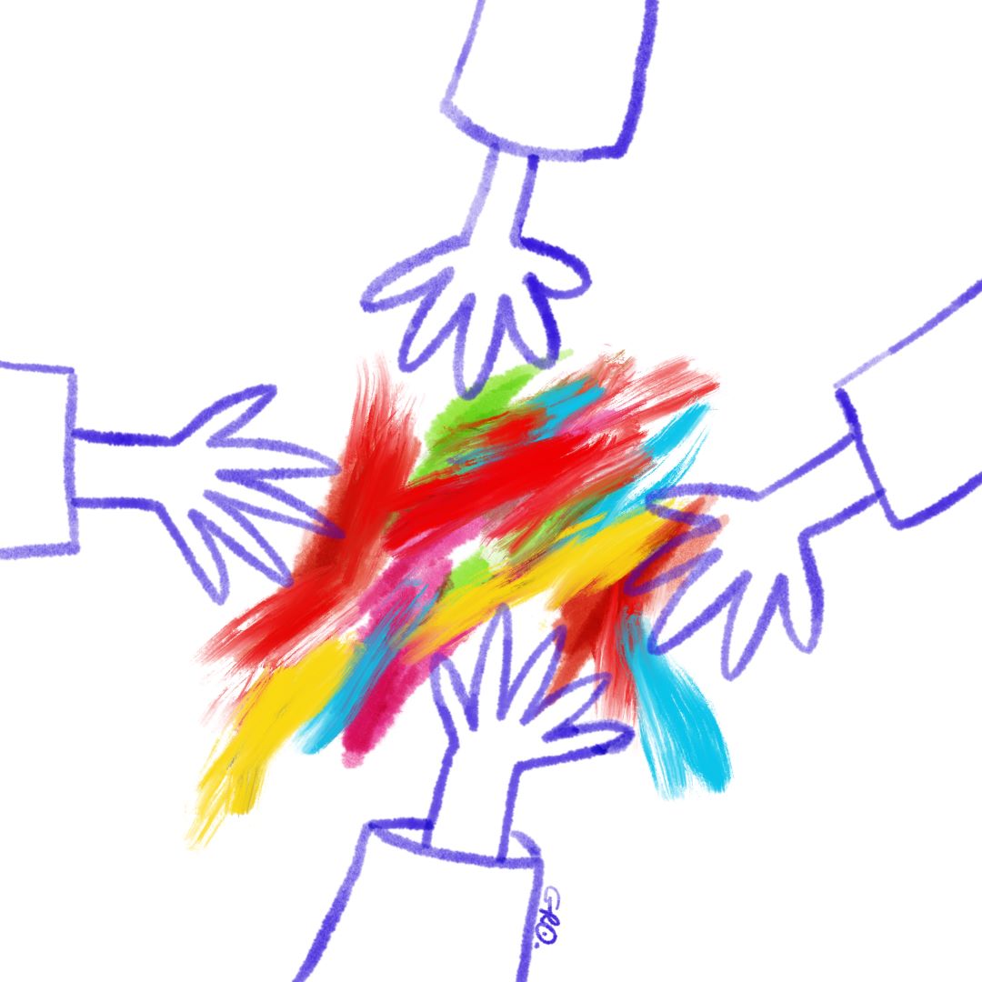 illustrazione di gloria Rovere sull'amicizia quattro mani che si avvicinano verso un arcobaleno di colori