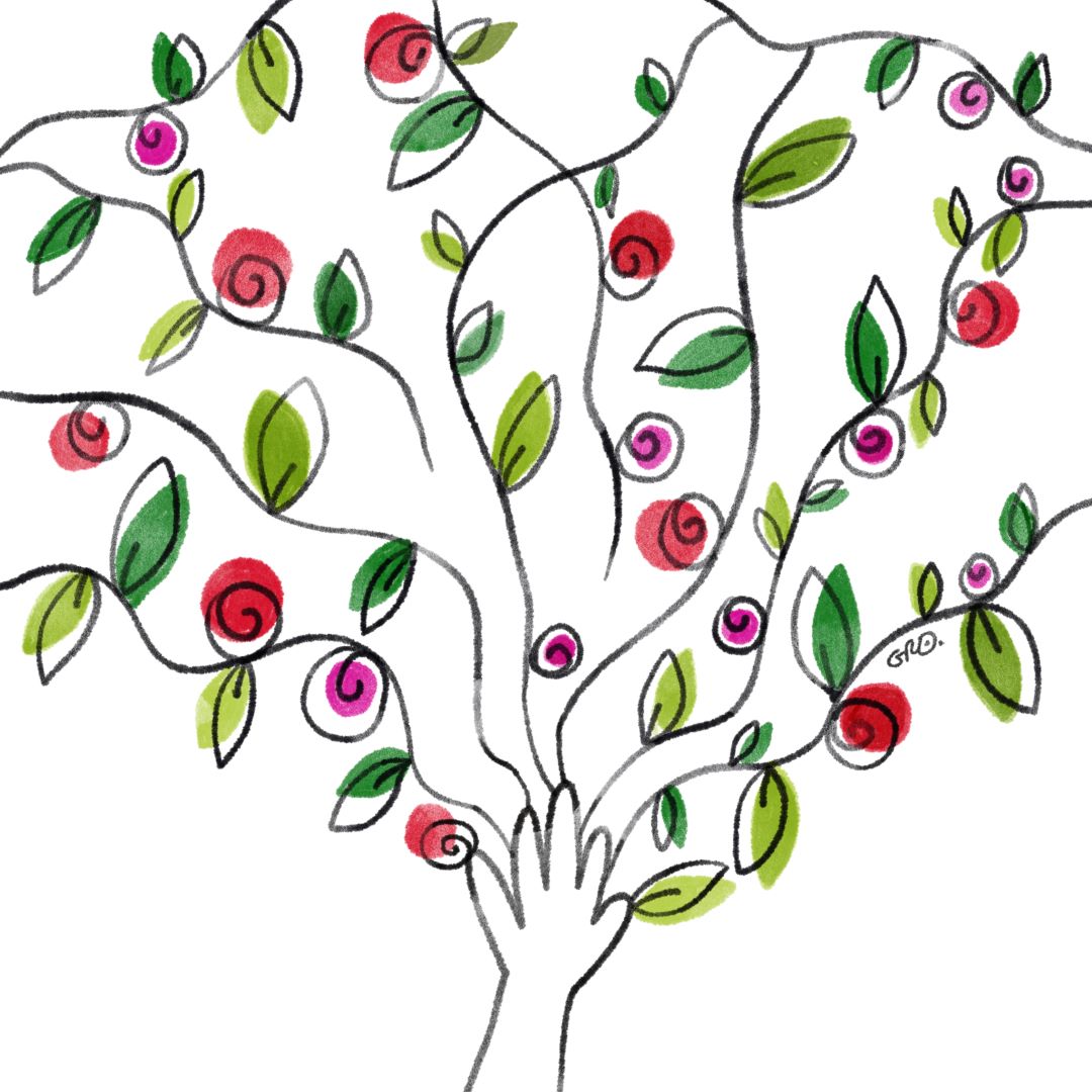 illustrazione di una mano da cui spuntano rami foglie e fiori a simboleggiare l'albero dell'amicizia Gloria Rovere