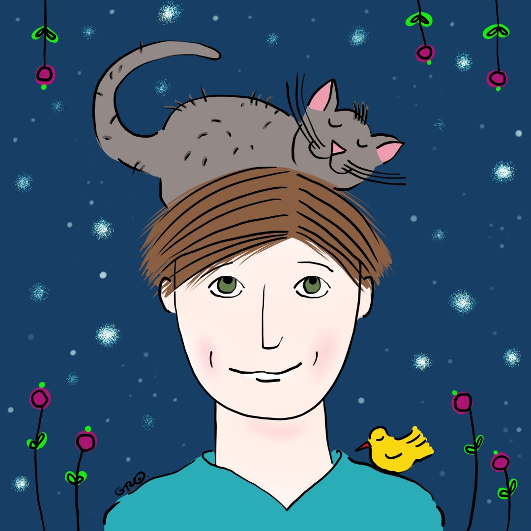 illustrazione di un ragazzo con un gatto sopra la testa nel cielo stellato