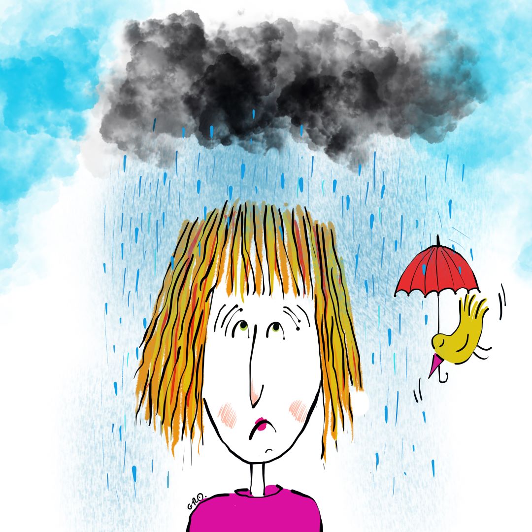 illustrazione di una donna e un uccellino sotto la pioggia gloria rovere
