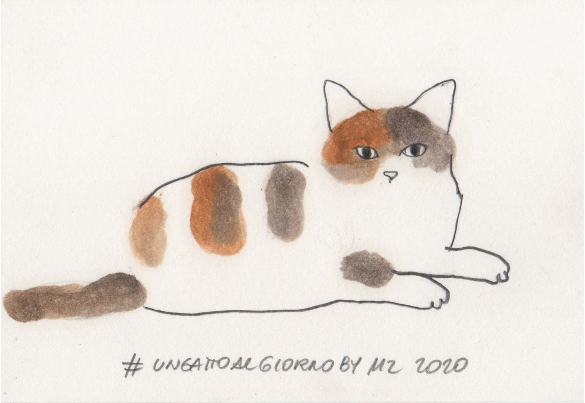 dipinto di un gatto chiaro con striature arancioni e grigie, sdraiato mentre ti guarda