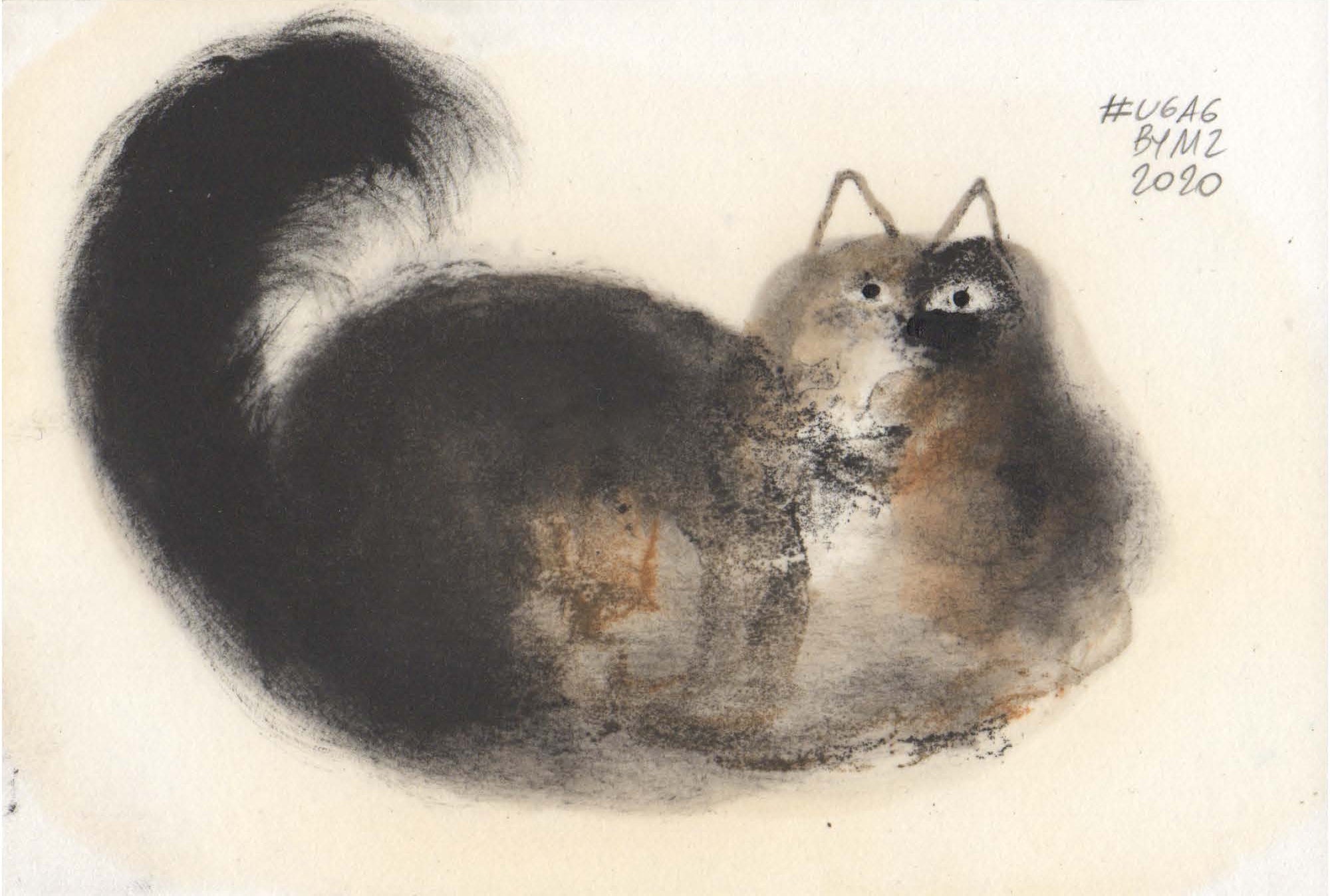 dipinto di un gatto scuro che ti guarda da sdraiato