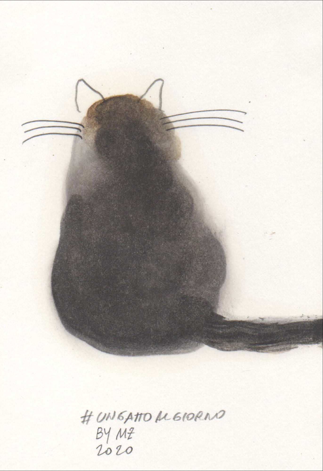Dipinto di un gatto calico di spalle