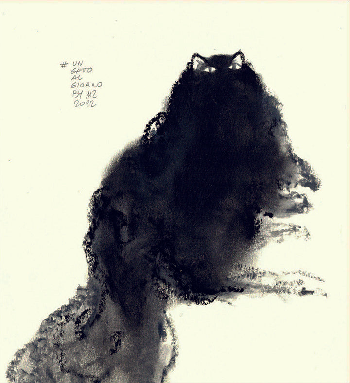 dipinto di un gatto nero sdraiato che guarda l'osservatore