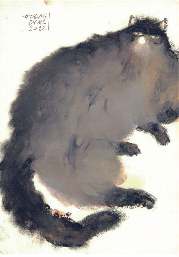 dipinto di un gatto grigio calico sdraiato che guarda l'osservatore