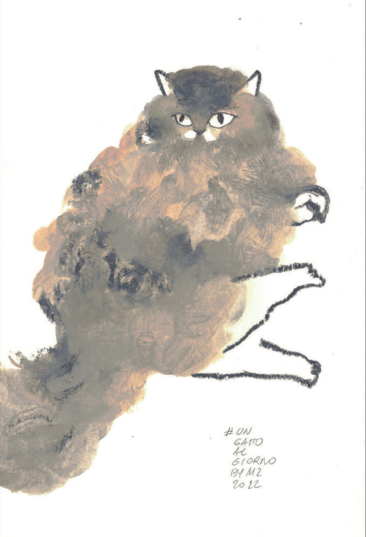 dipinto di un gatto calico sdraiato con la zampa alzata, che ti guarda