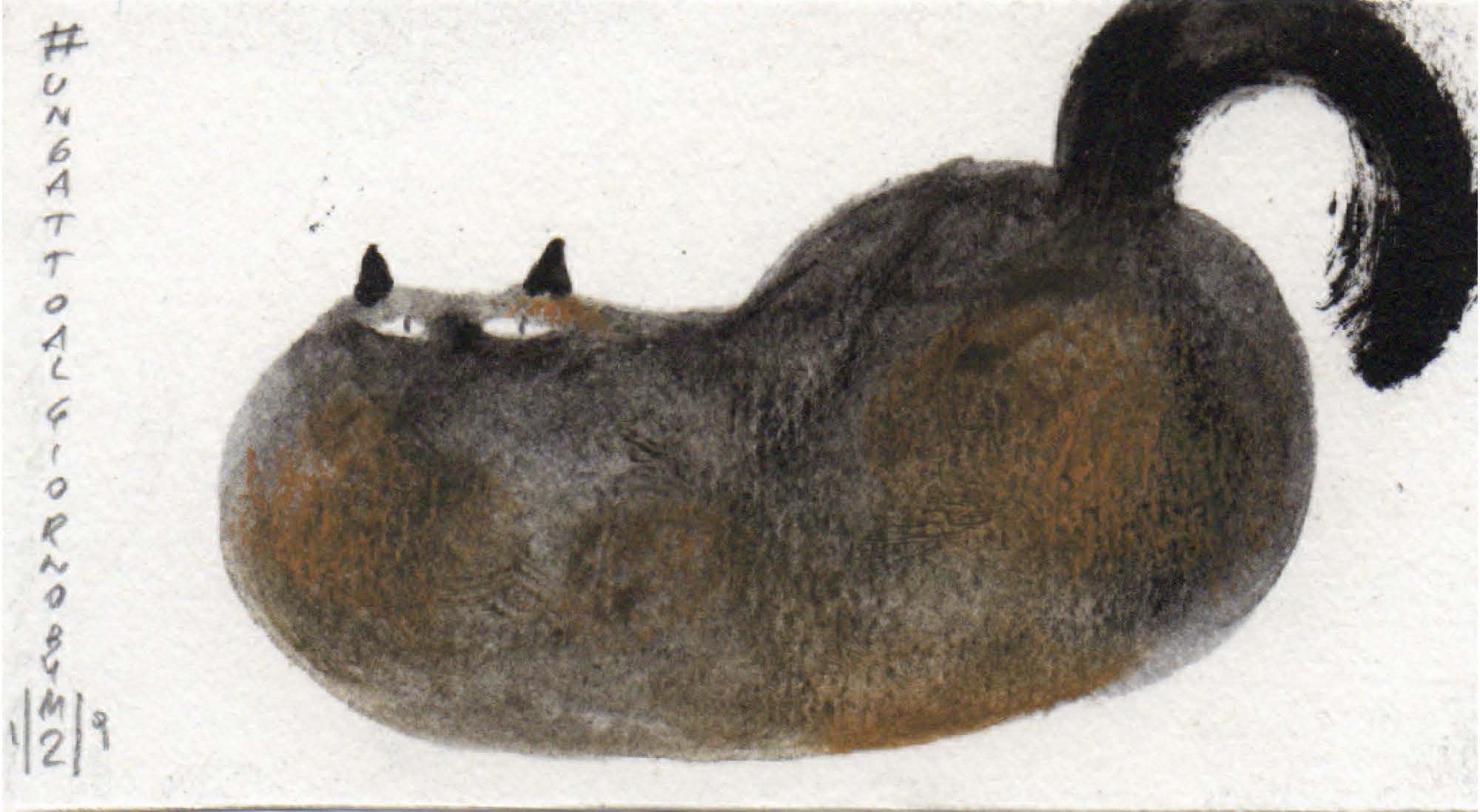 dipinto di un gatto calico grasso accovacciato