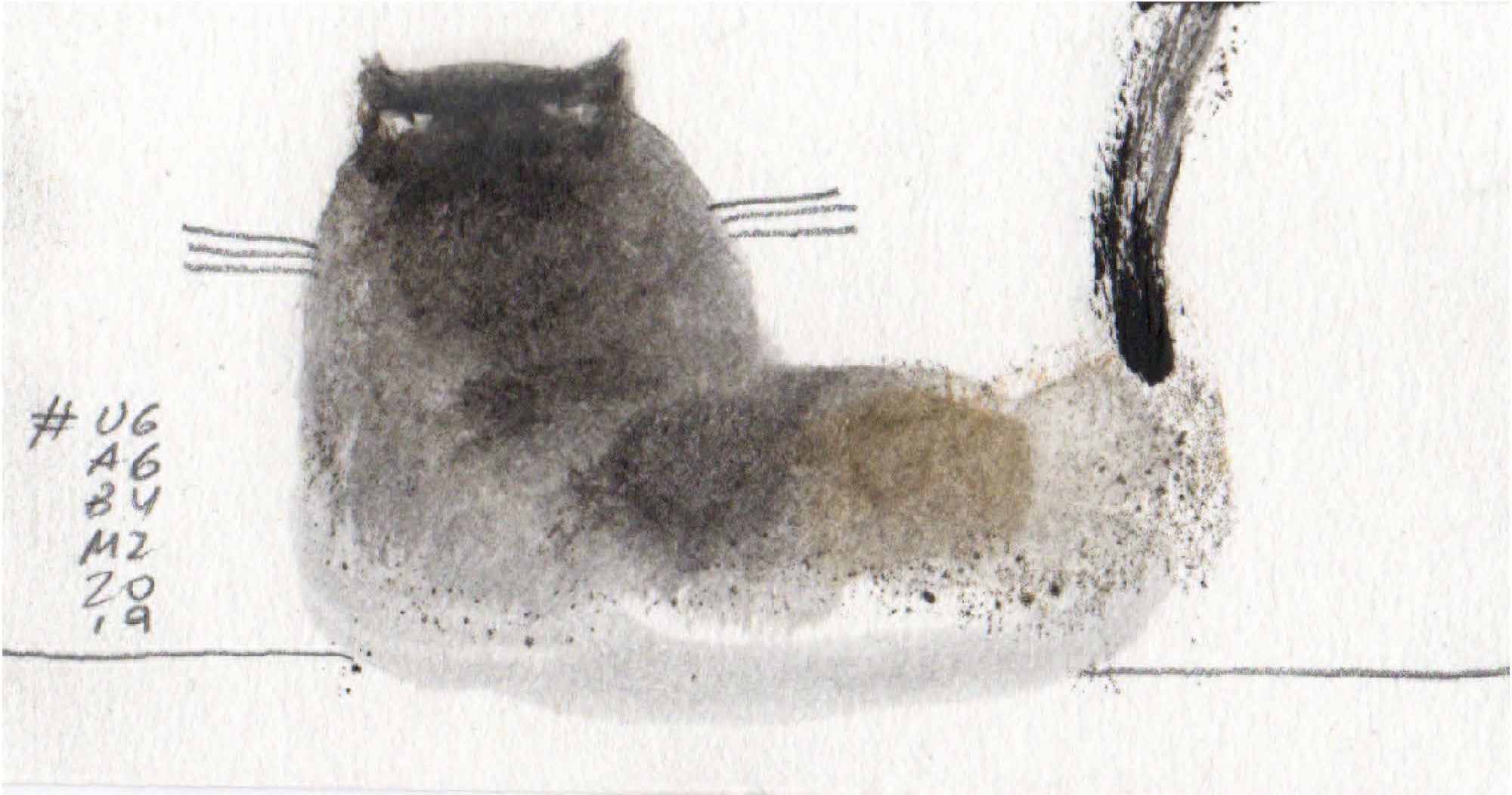 dipinto di un gatto sdraiato visto da dietro