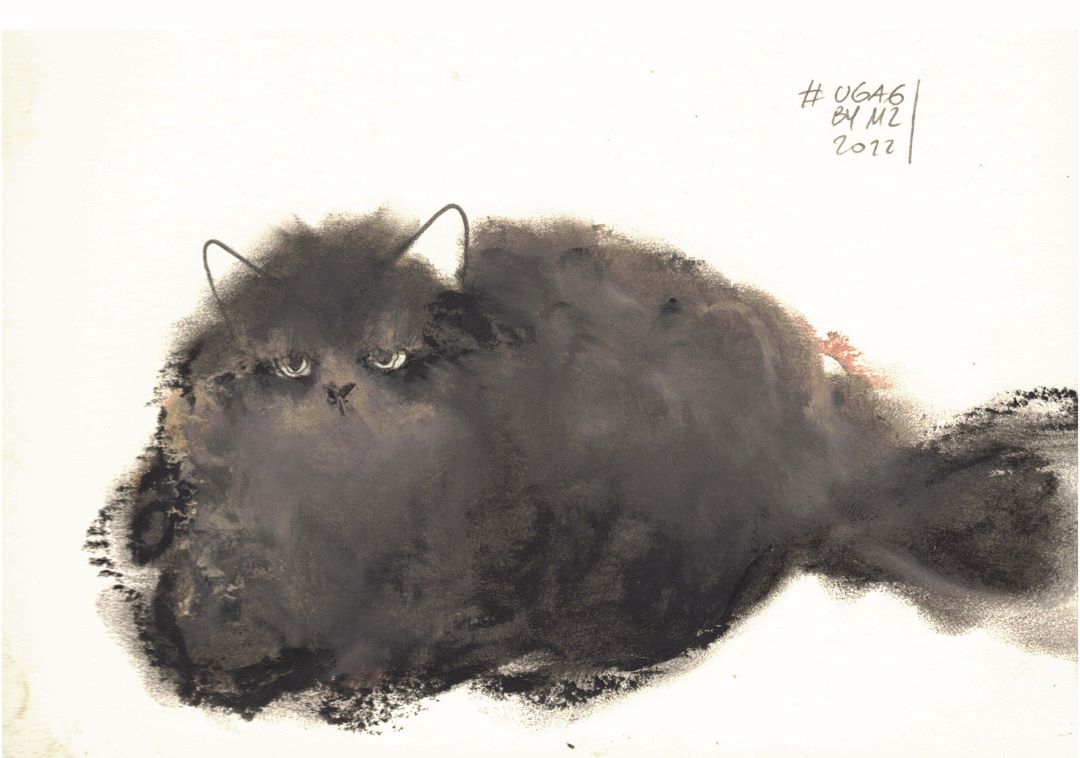 gatto grigio rosso dipinto da mariangela zabatino