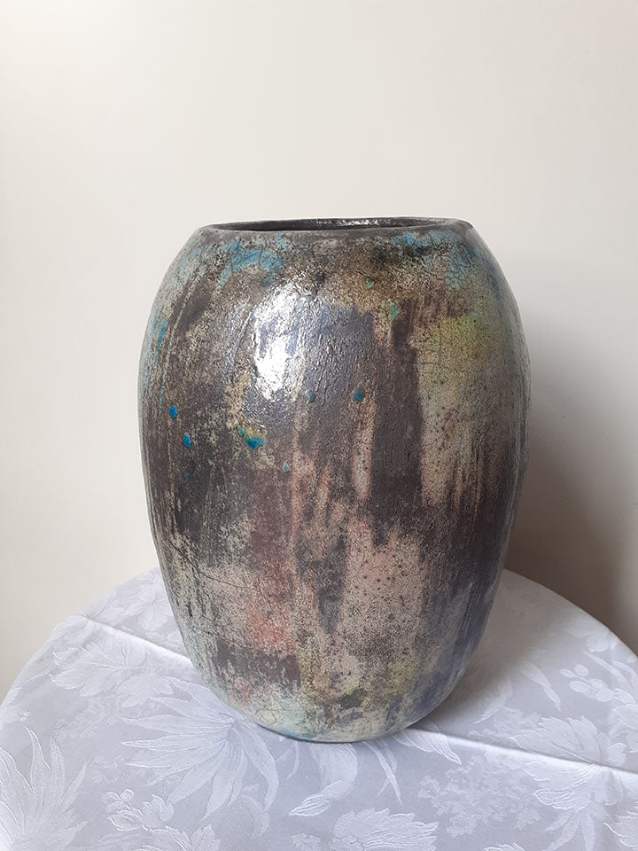 vaso verde rame pezzo unico cottura raku